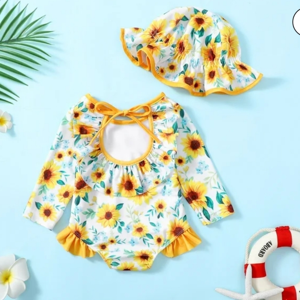 Floral Baby Swimsuit with Sun Hat